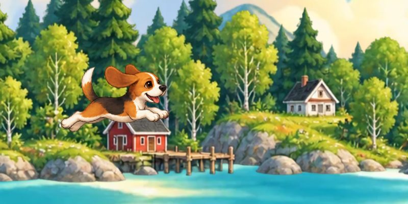 Beaglen Luna hopper gjennom et håndmalt sommerlandskap i PawJump